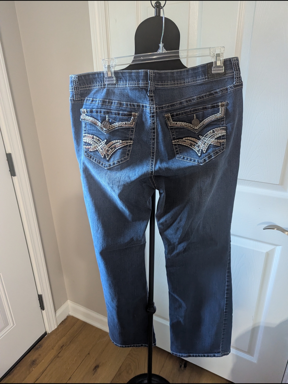 Love Indigo Dark Blue Boot Cut Jeans with Embellished Back Pockets